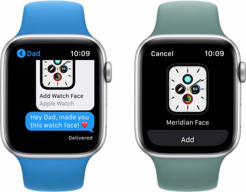Циферблат Meridian в Messages на Apple Watch Series 5.